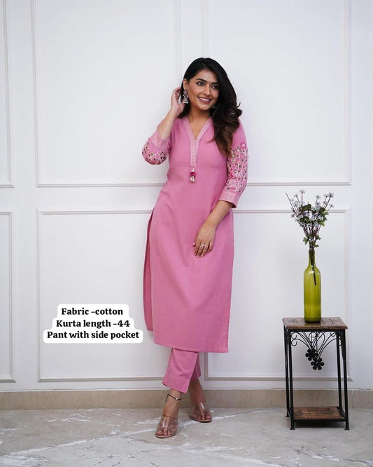 Pink Pure Cotton V-Neck Embroidered Straight Kurta Set