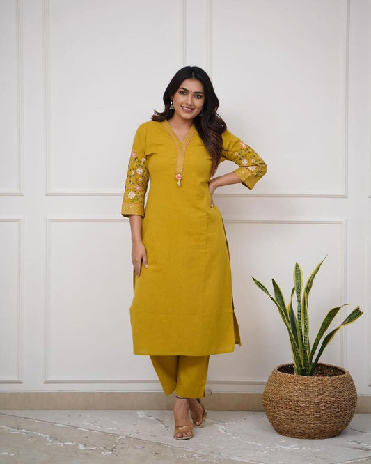 Yellow Pure Cotton V-Neck Embroidered Straight Kurta Set
