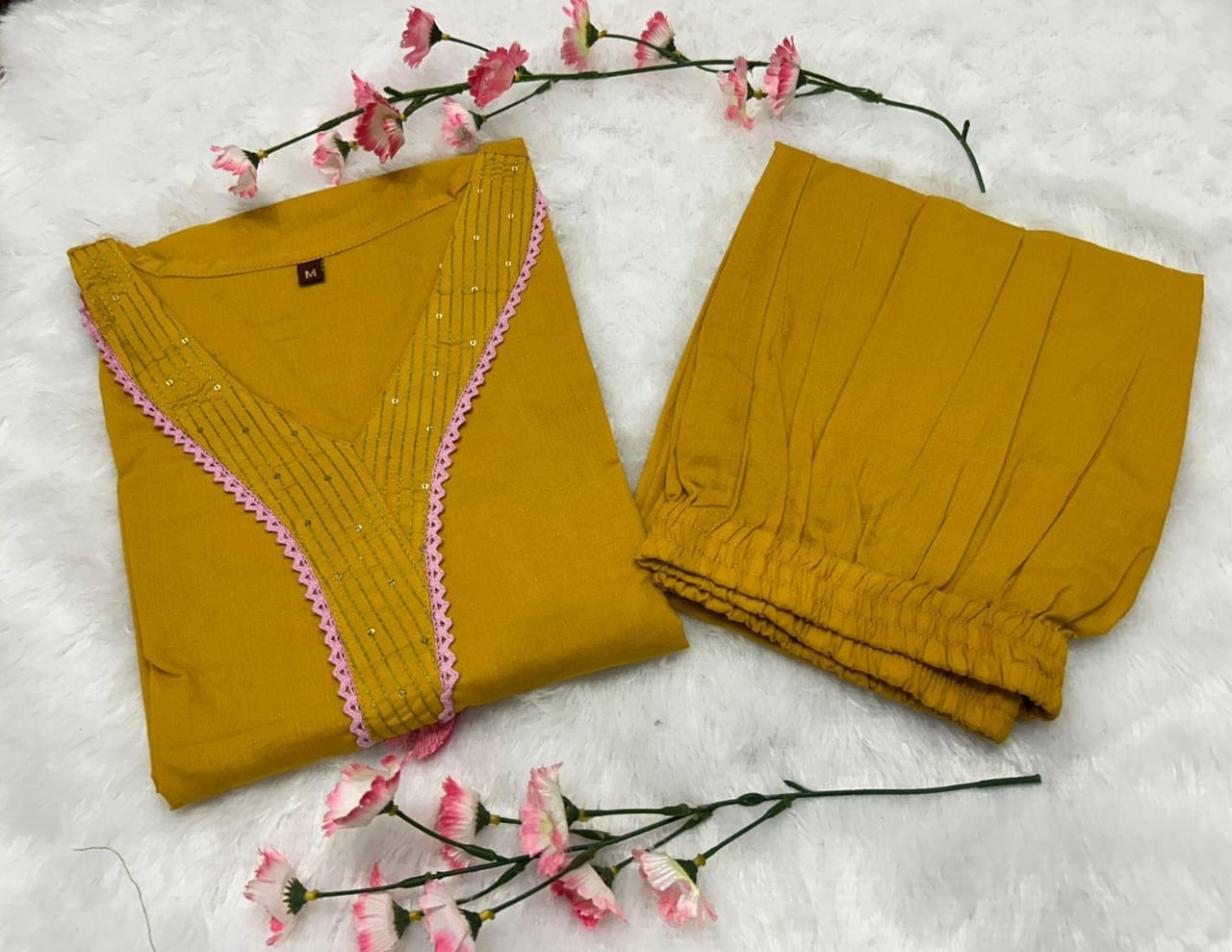 Yellow Pure Cotton V-Neck Embroidered Straight Kurta Set