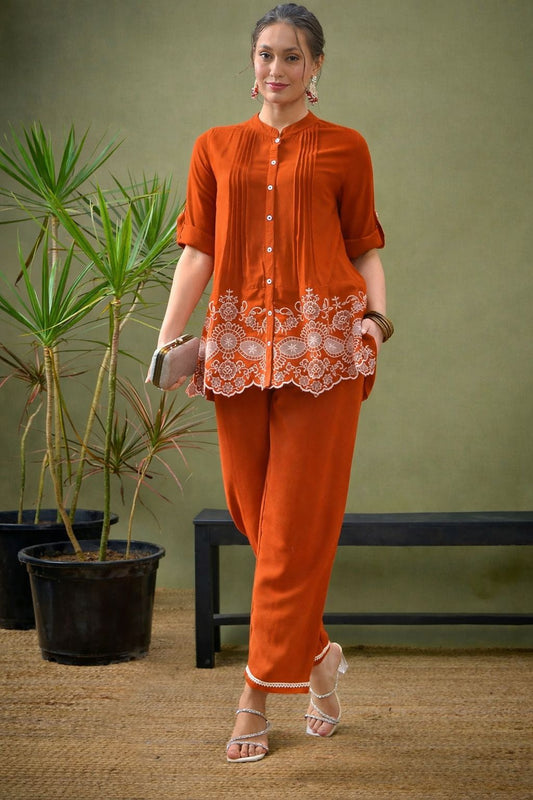 Rust Floral Embroidered Scalloped Hem Cotton Workwear Suit