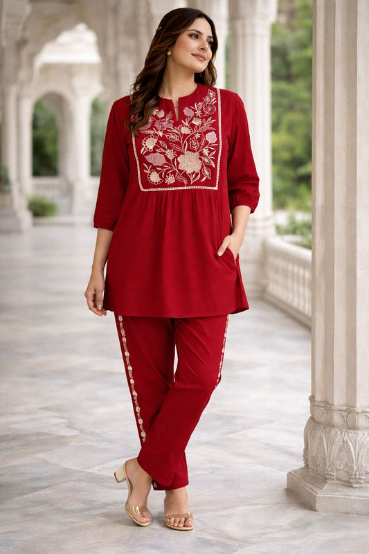 Red Women's Embroidered Cotton Tunic and Trouser Office Set