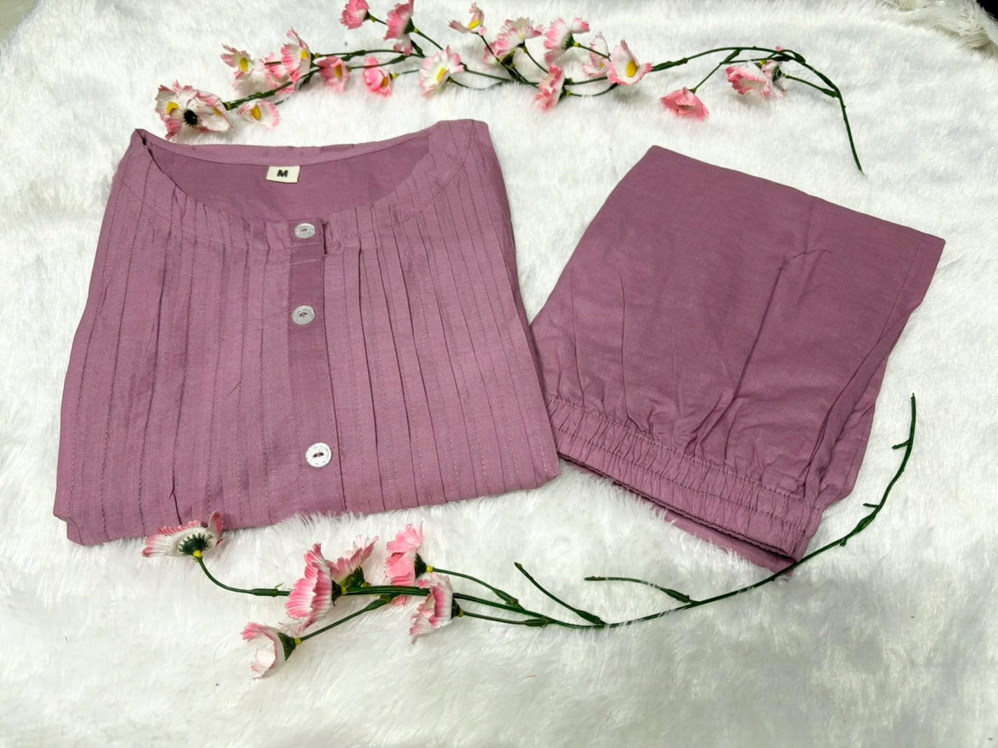 Lilac Floral Embroidered Cutwork Cotton Tunic and Pant Set