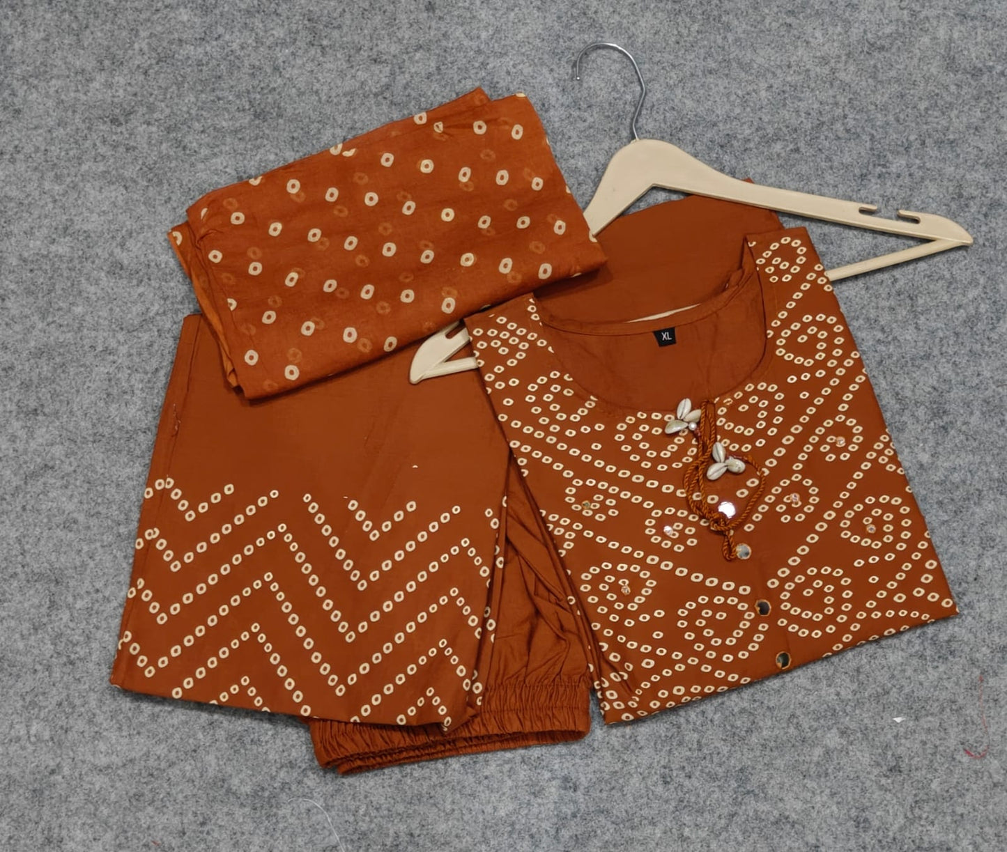 Rust Brown Bandhani Print Kurta Palazzo Dupatta Set