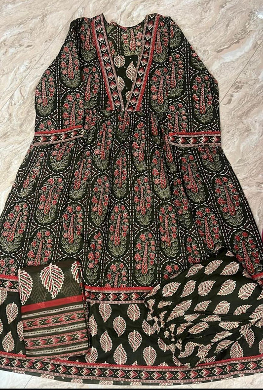 Olive Green Block Print Cotton Anarkali Suit Set