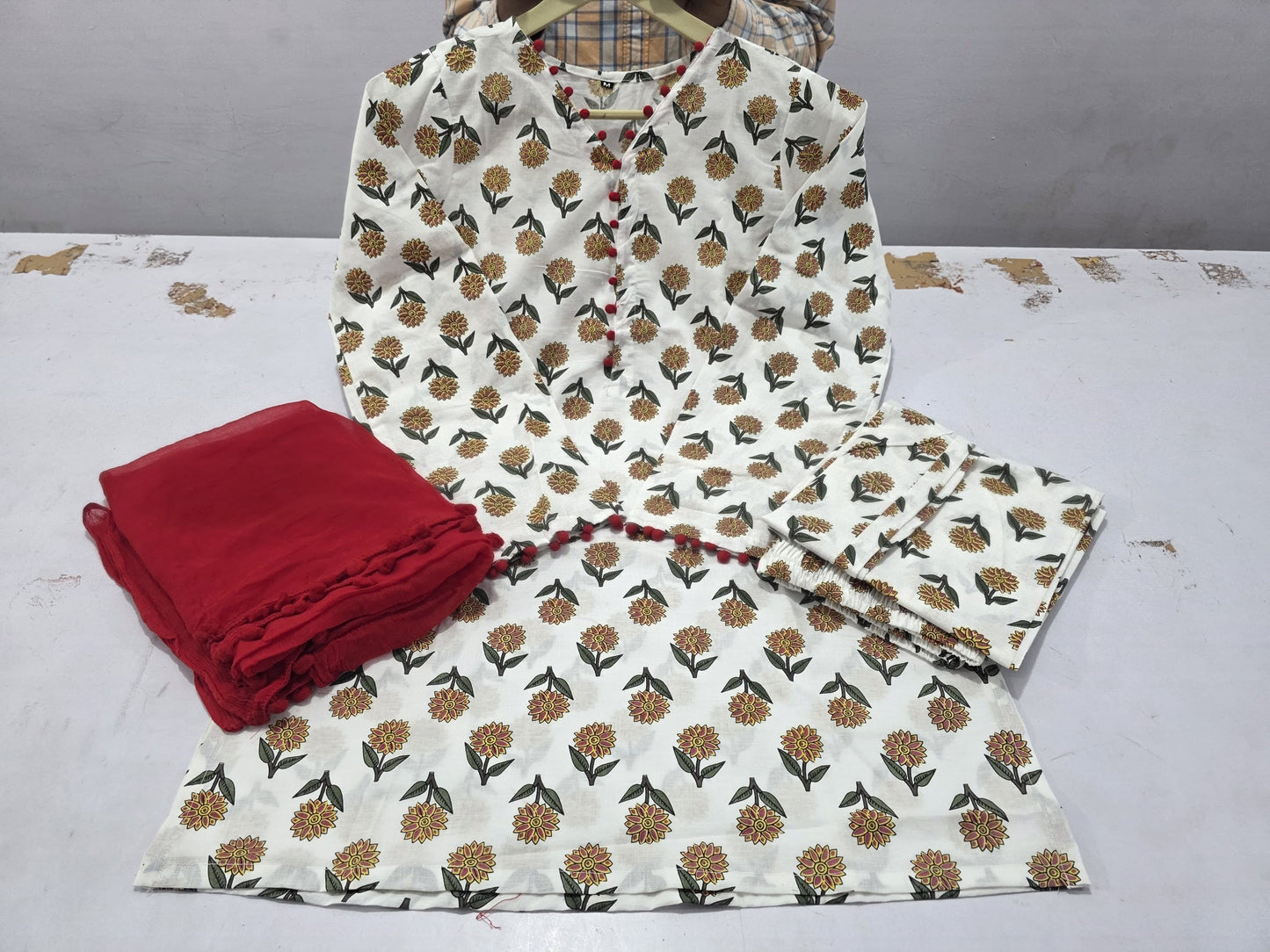 Cream Floral Block Print Cotton 3-Piece Suit Set