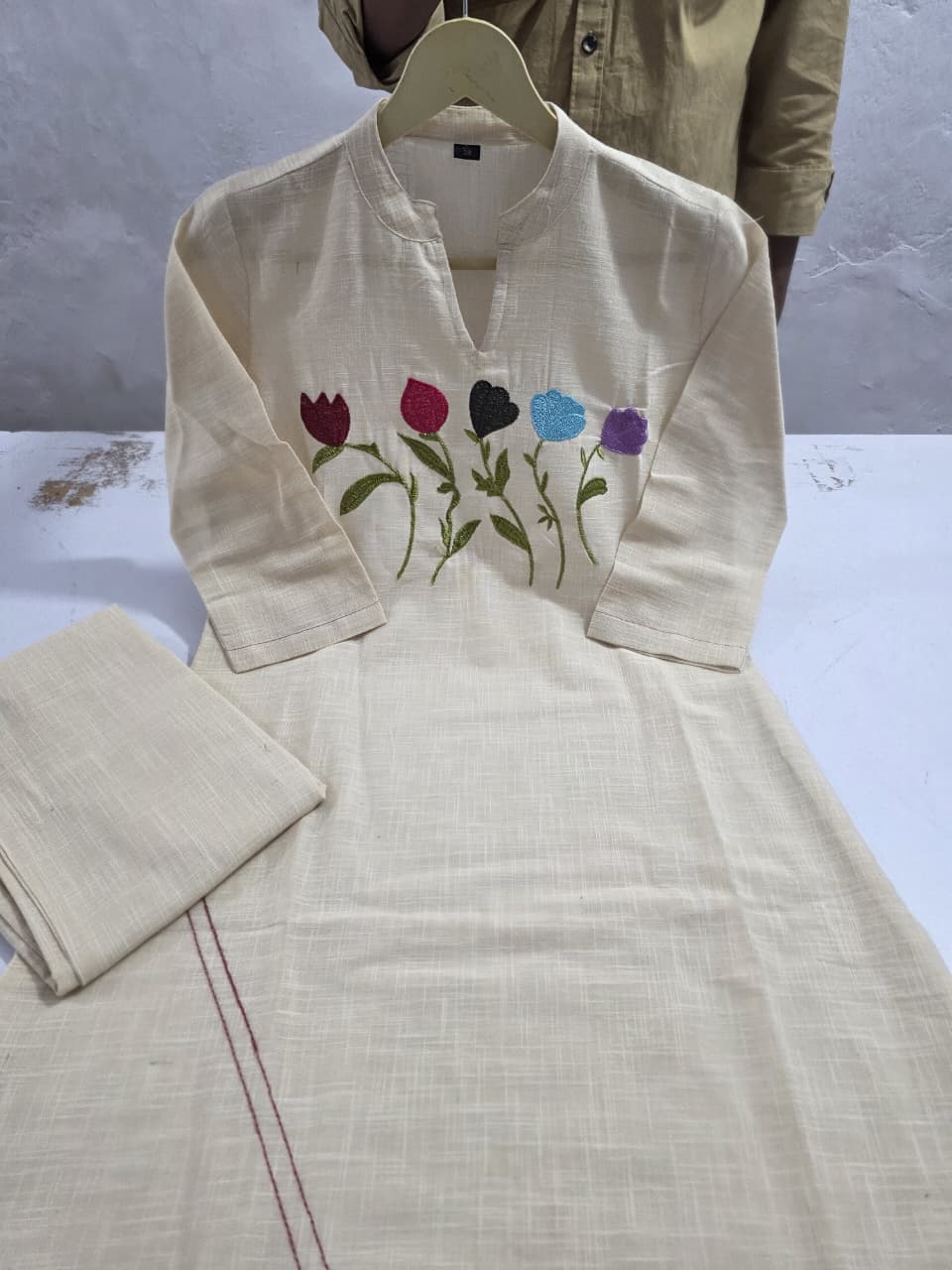 Beige Asymmetric Tulip Embroidered Kurti Trouser Set