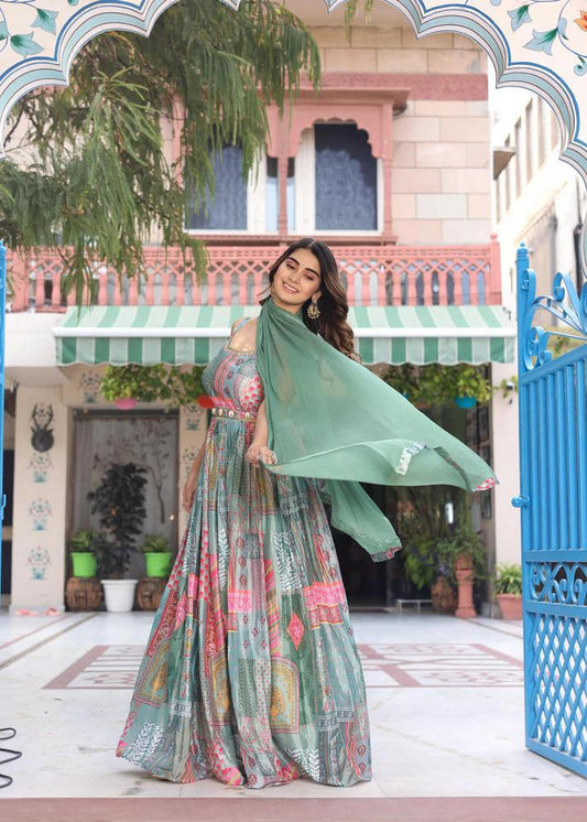 Seafoam Green Digital Print Lehenga Set with Dupatta