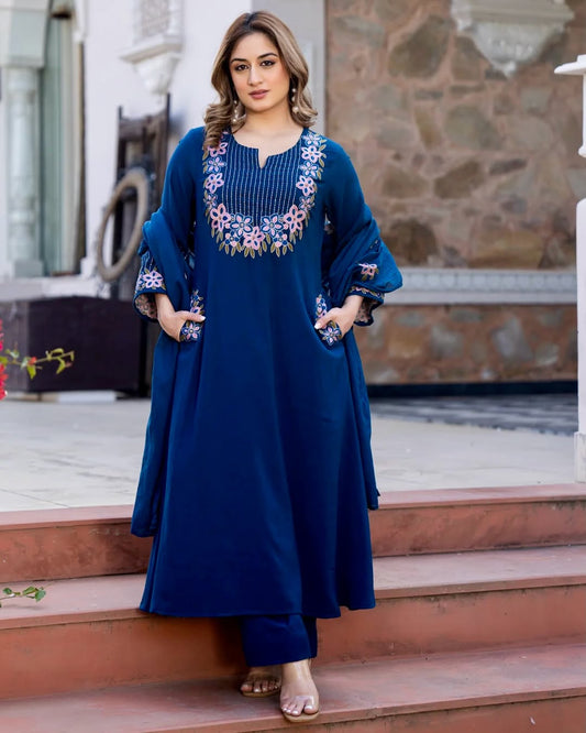 Prussian Blue Embroidered Flared Kurta Set with Dupatta