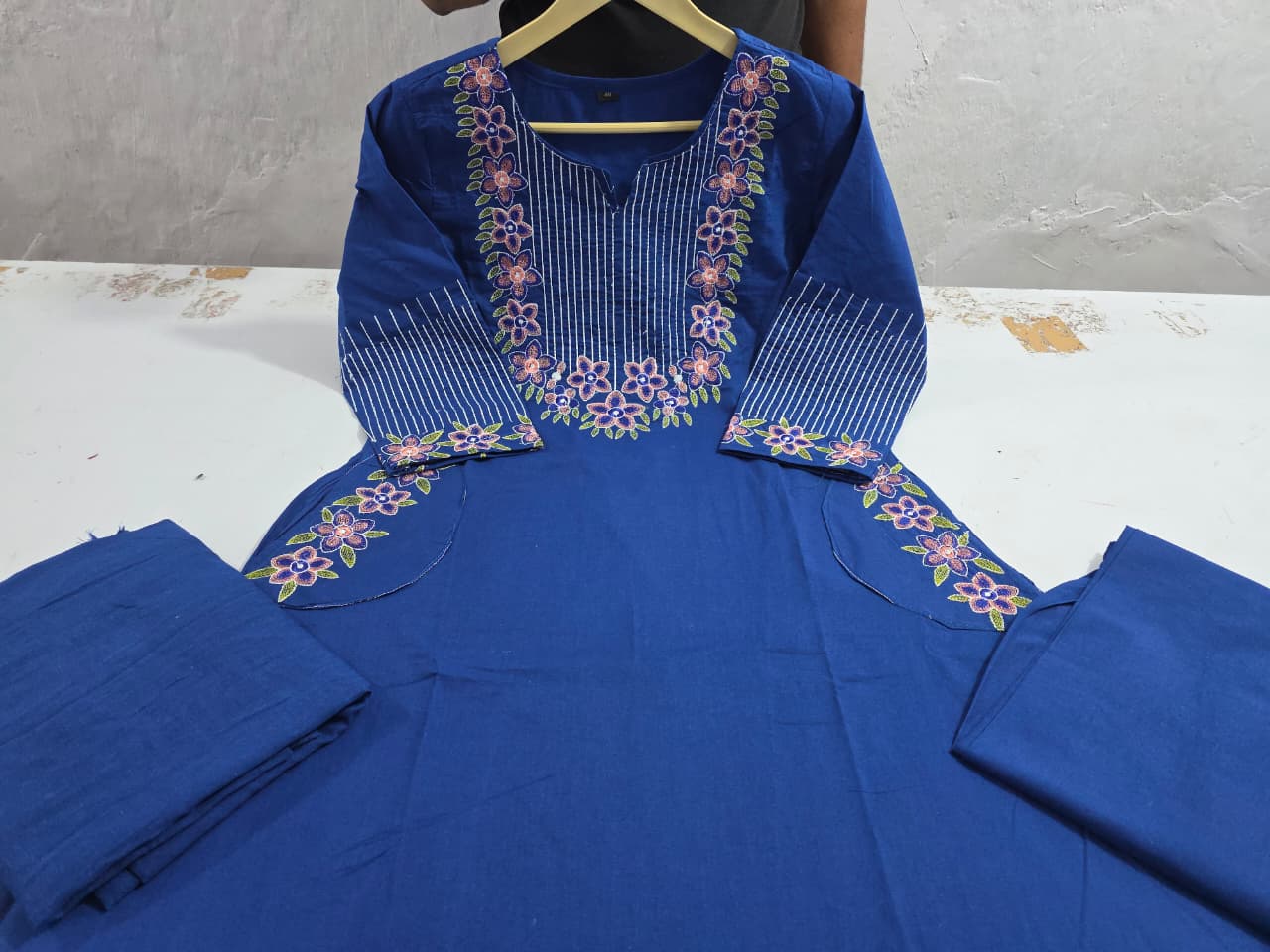 Prussian Blue Embroidered Flared Kurta Set with Dupatta