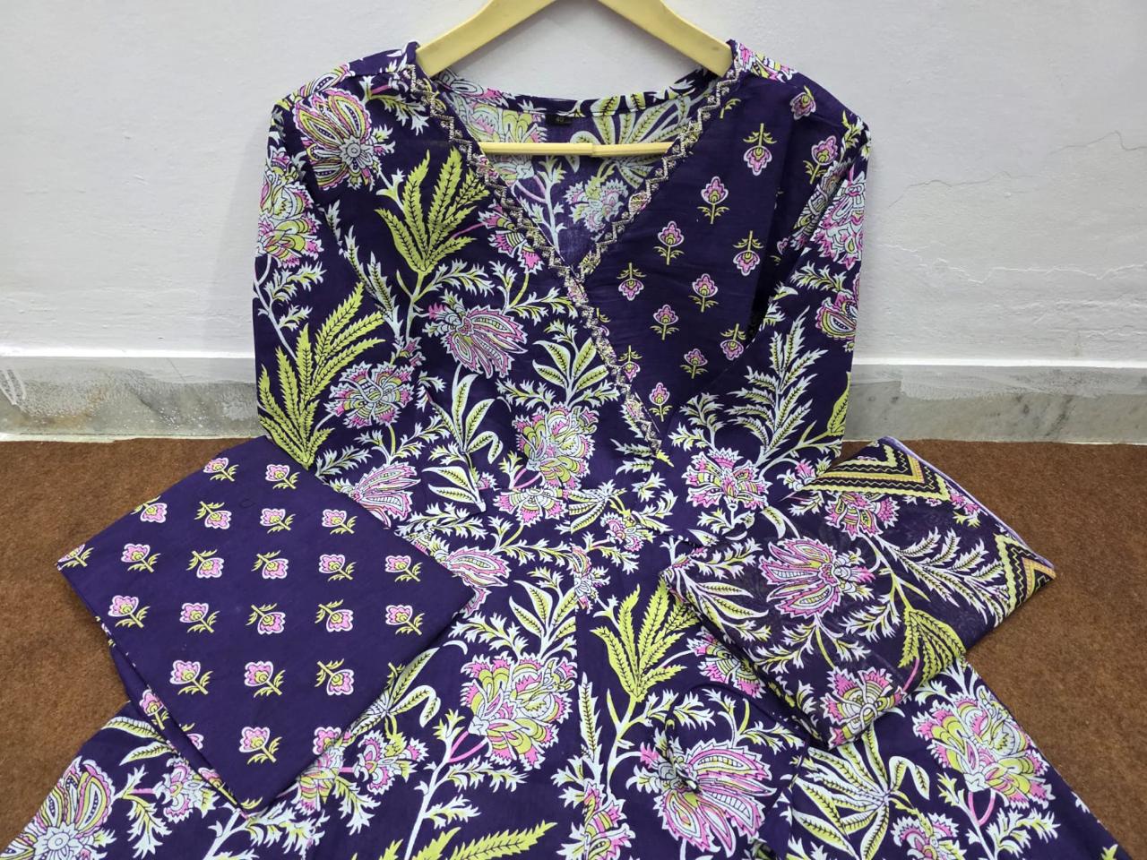 Purple Floral Block Print Cotton Angrakha Set