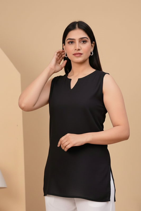 Black Minimalist Sleeveless Longline Fusion Tunic