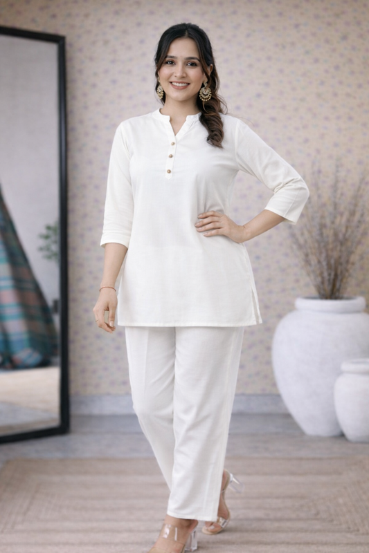 Elegant White Rayon Co-ord Set for Women with button detail Kurti & Straight Pants