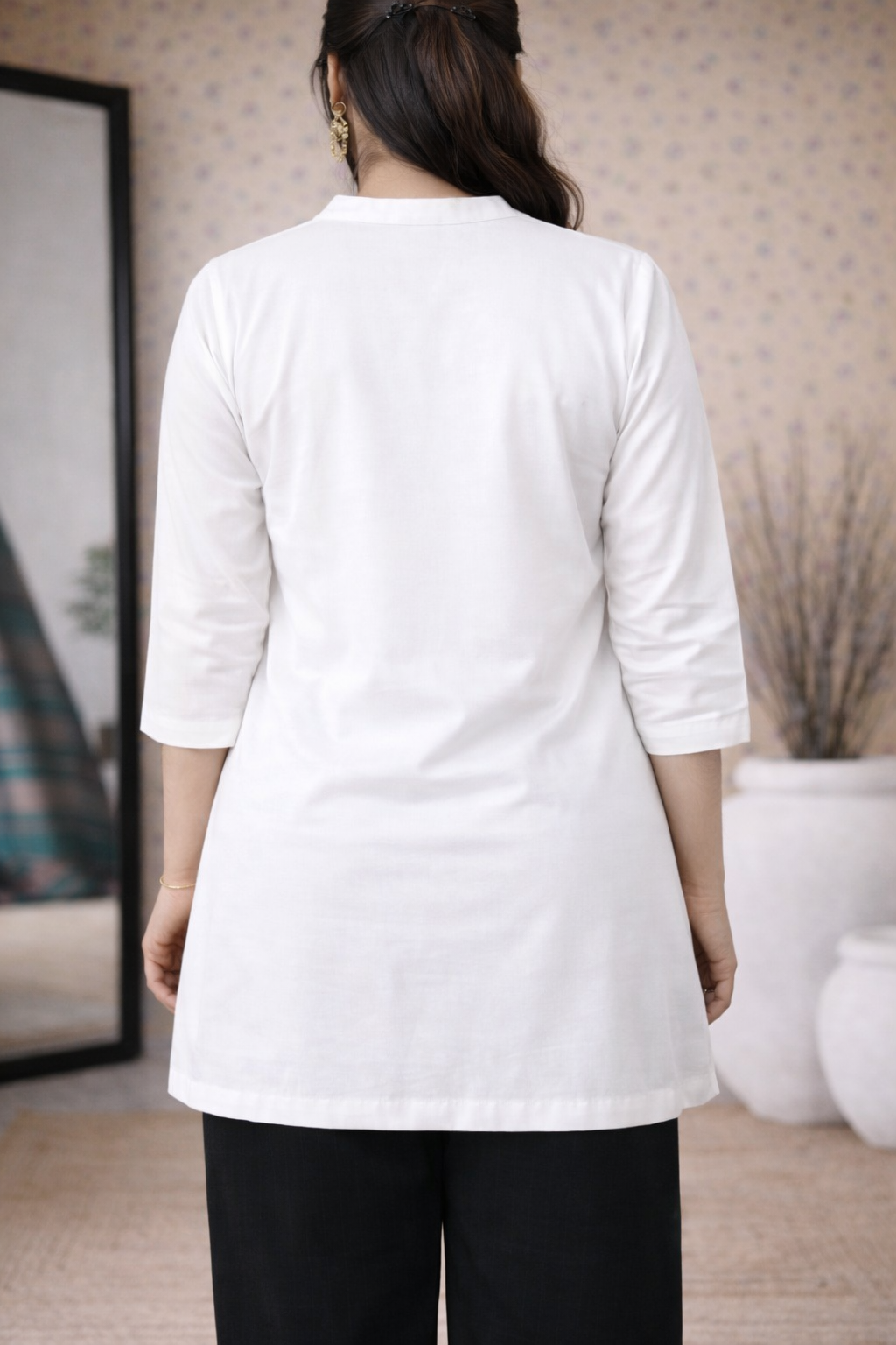 Elegant White Rayon Co-ord Set for Women with button detail Kurti & Straight Pants