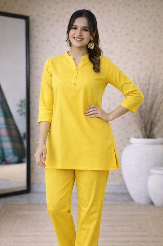 Mustard Yellow Rayon Kurti Pant Co-ord Set for Women