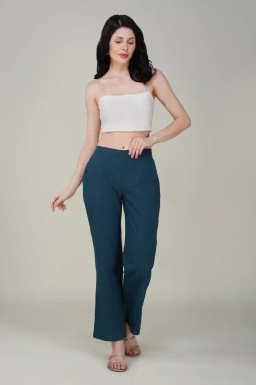 Peacock Blue Wide Leg Cotton Pant