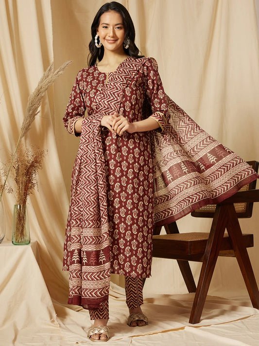 Maroon Cotton Gota Lace 3 Piece Kurti Pant Dupatta Set for Women