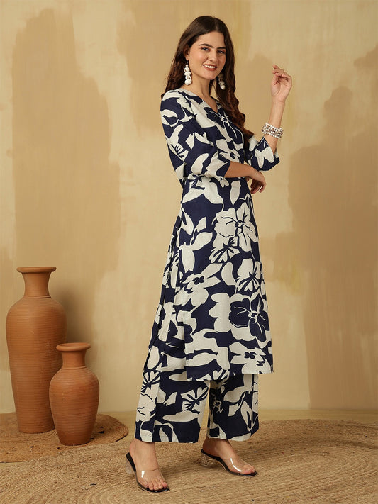 Navy Blue Cotton Kurti Palazzo Set for Women