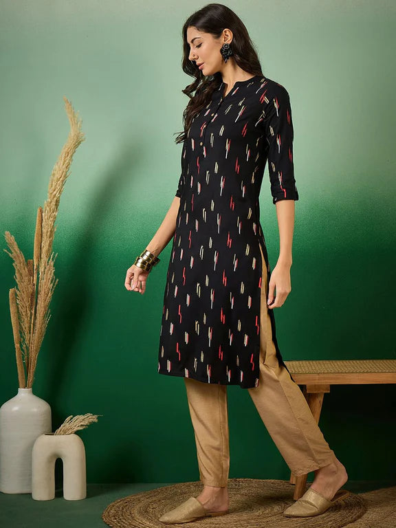 Black Rayon Printed Straight Kurti for Women