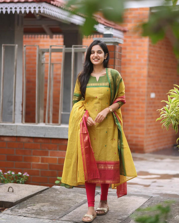 Pure Kanchi Cotton Suit Set with Zari Jacquard Dupatta for Women