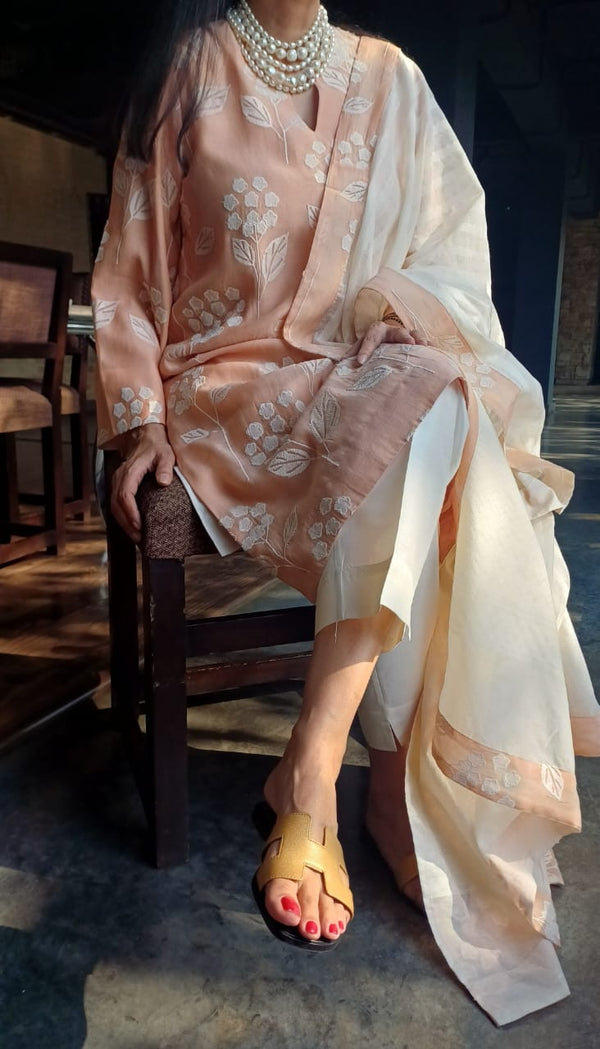 Alia Bhatt Inspired Peach Mul Chanderi Kurta Set