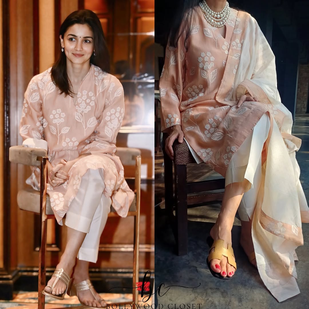 Alia Bhatt Inspired Peach Mul Chanderi Kurta Set