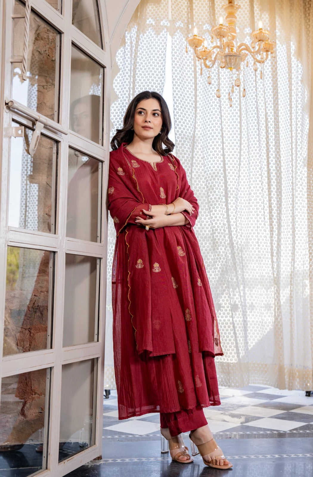 Red Pankhudi Premium Mul Chanderi Embroidered Anarkali Suit Set