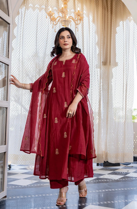 Red Pankhudi Premium Mul Chanderi Embroidered Anarkali Suit Set