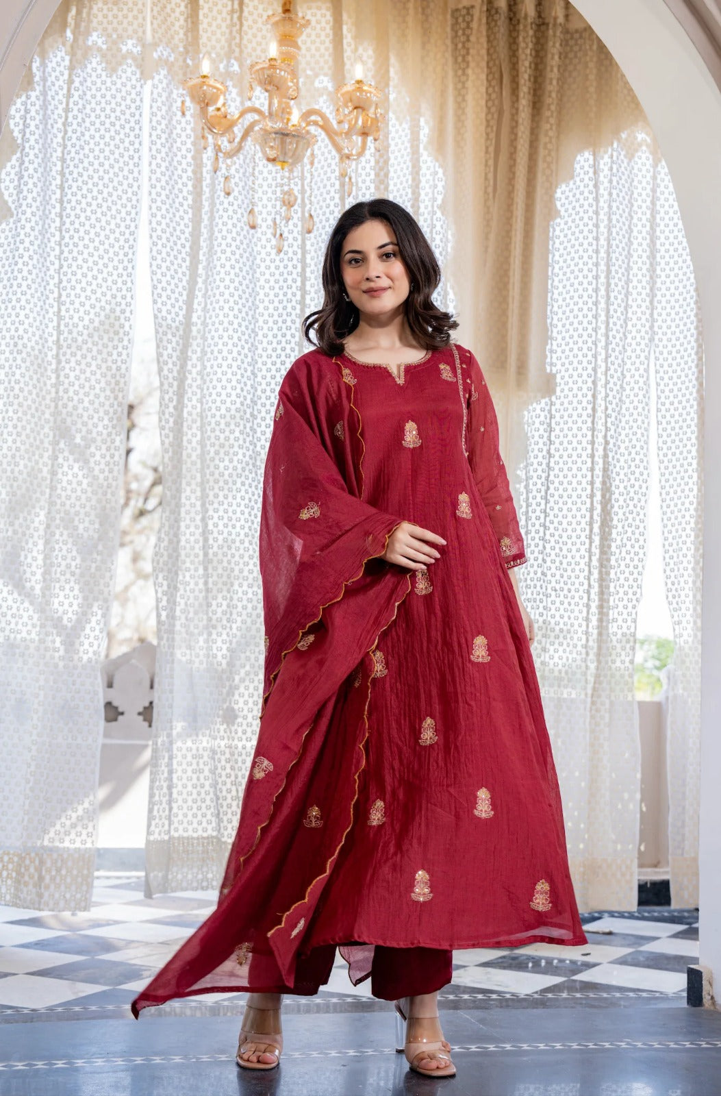 Red Pankhudi Premium Mul Chanderi Embroidered Anarkali Suit Set