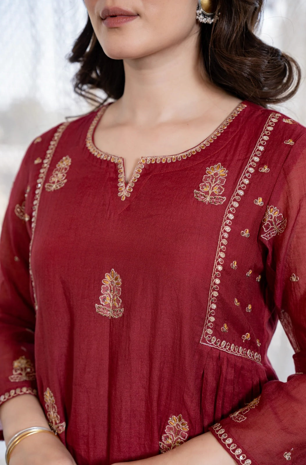 Red Pankhudi Premium Mul Chanderi Embroidered Anarkali Suit Set