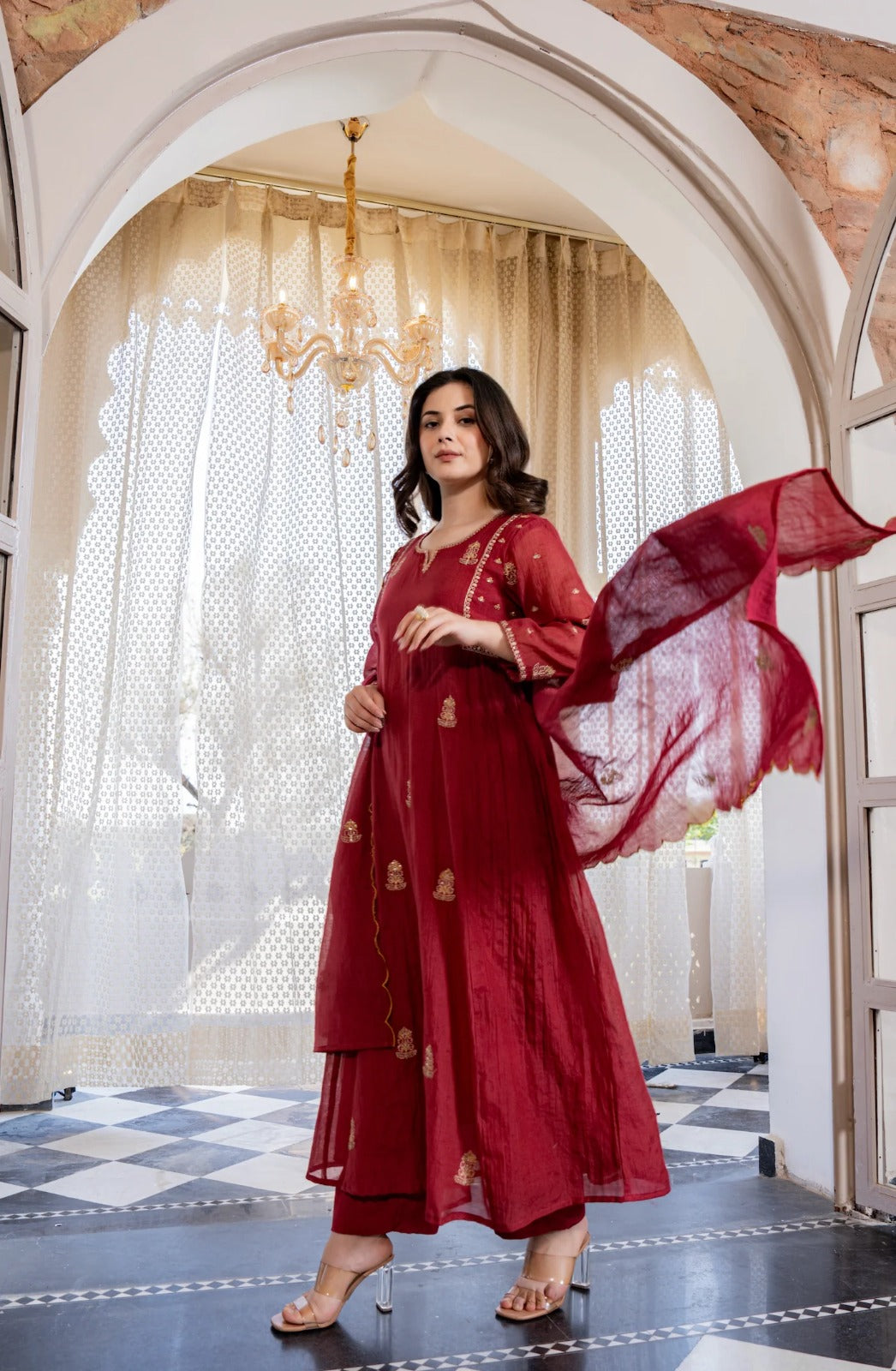 Red Pankhudi Premium Mul Chanderi Embroidered Anarkali Suit Set