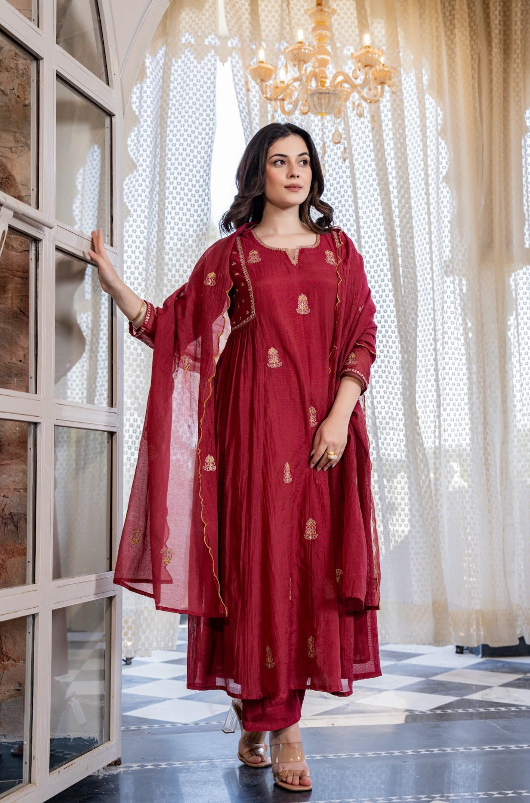 Red Pankhudi Premium Mul Chanderi Embroidered Anarkali Suit Set