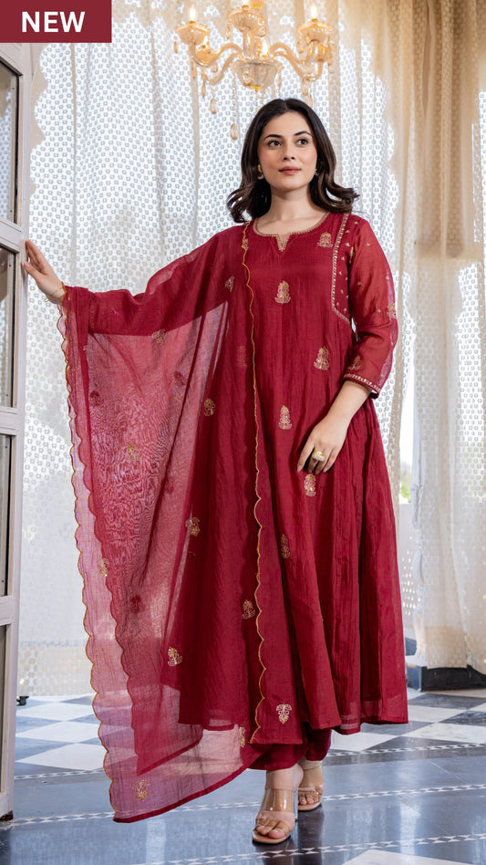 Red Pankhudi Premium Mul Chanderi Embroidered Anarkali Suit Set