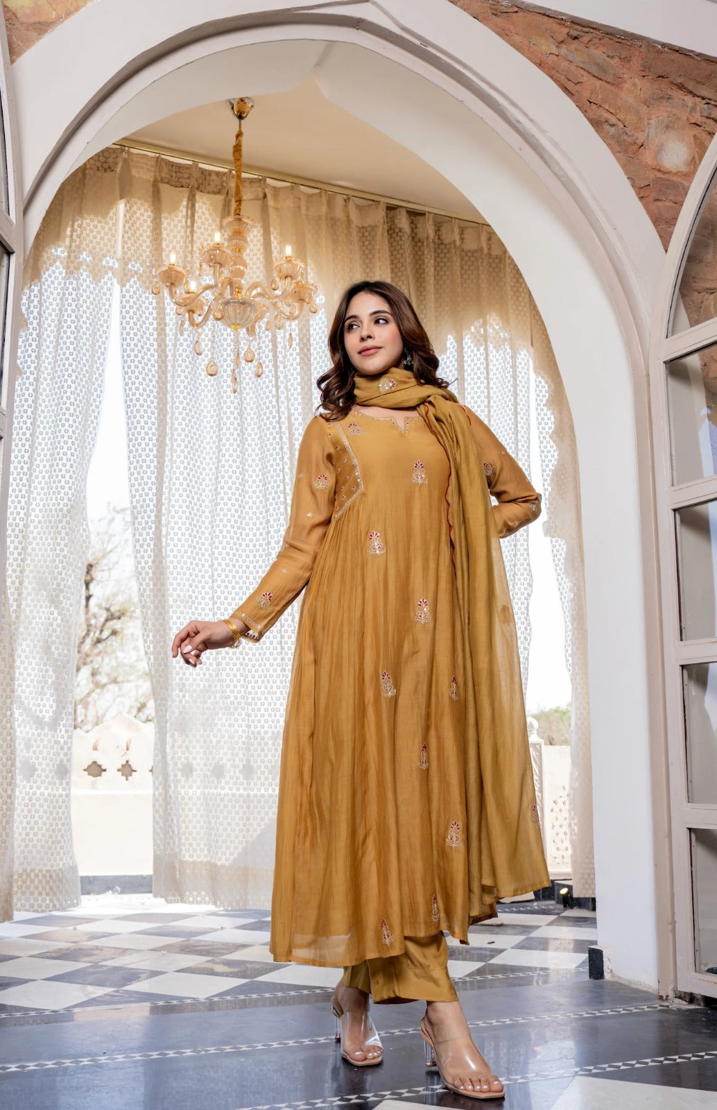 Beige Pankhudi Premium Mul Chanderi Embroidered Anarkali Suit Set