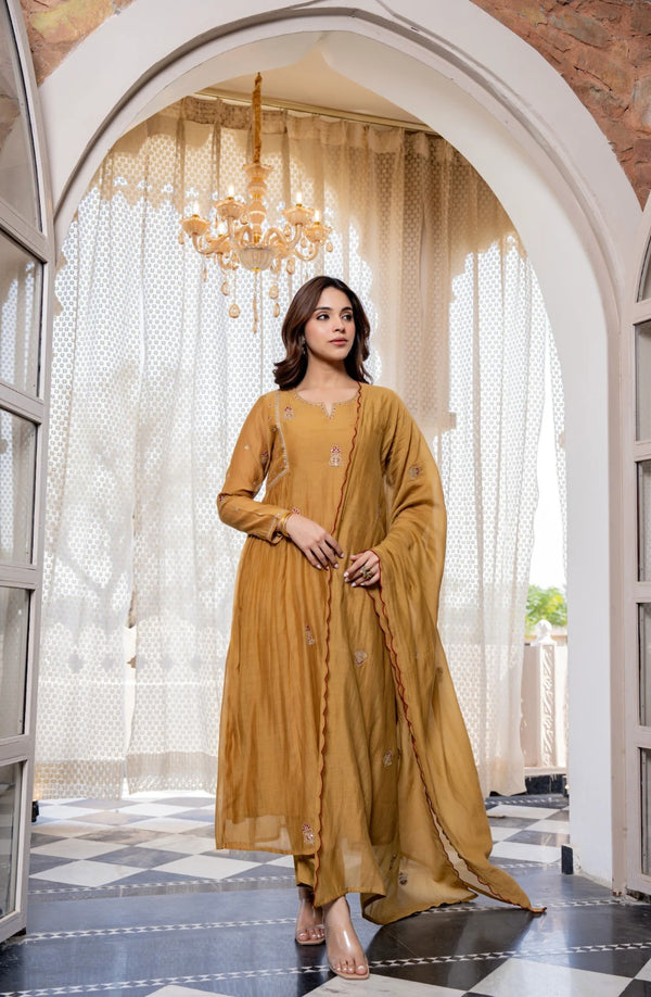 Beige Pankhudi Premium Mul Chanderi Embroidered Anarkali Suit Set