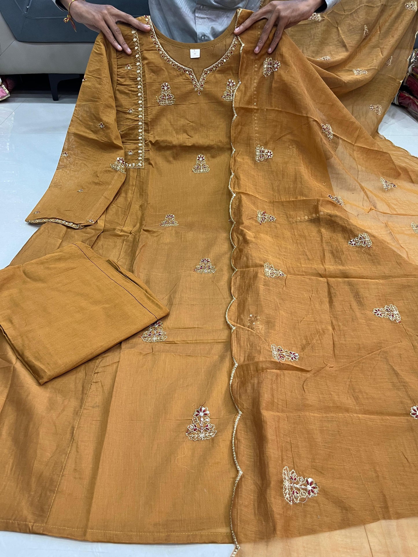 Beige Pankhudi Premium Mul Chanderi Embroidered Anarkali Suit Set