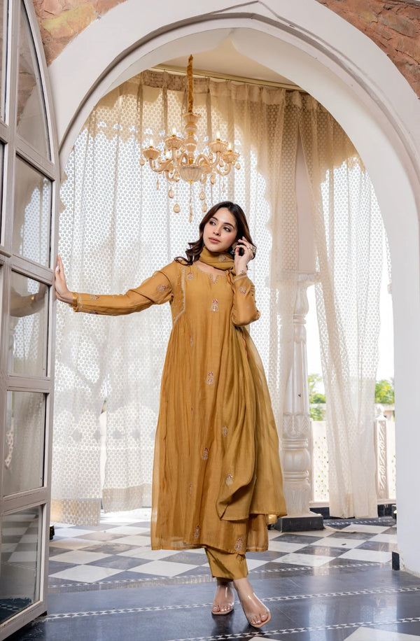 Beige Pankhudi Premium Mul Chanderi Embroidered Anarkali Suit Set