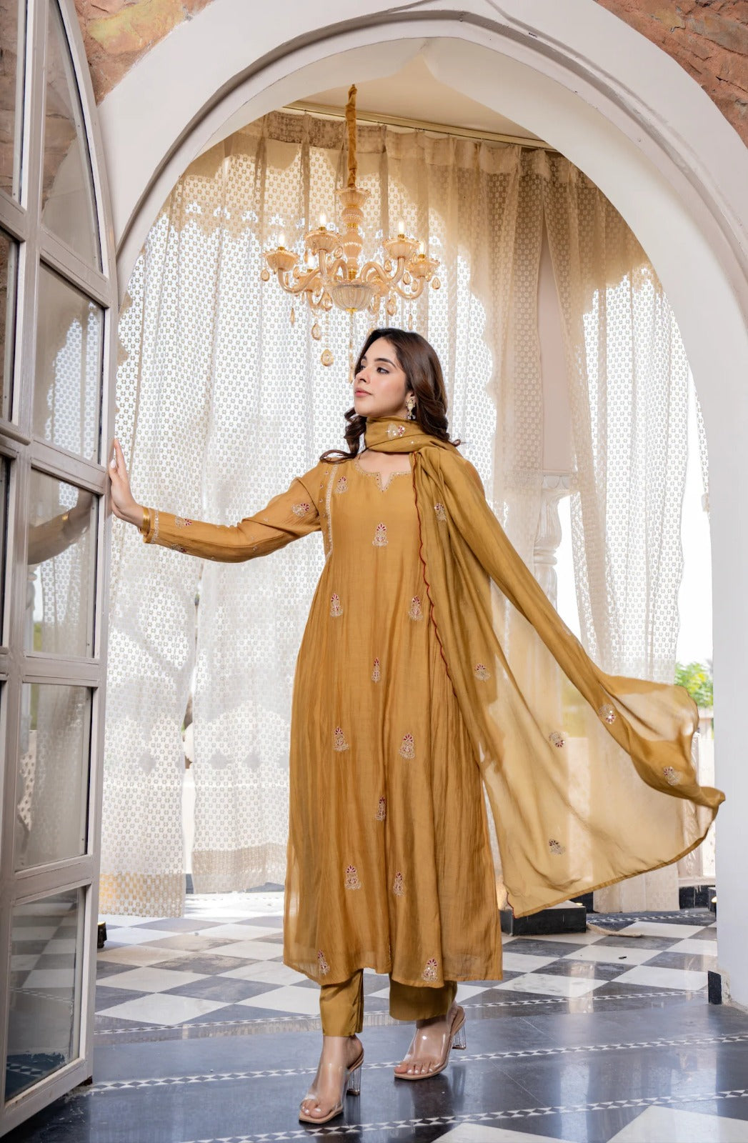 Beige Pankhudi Premium Mul Chanderi Embroidered Anarkali Suit Set