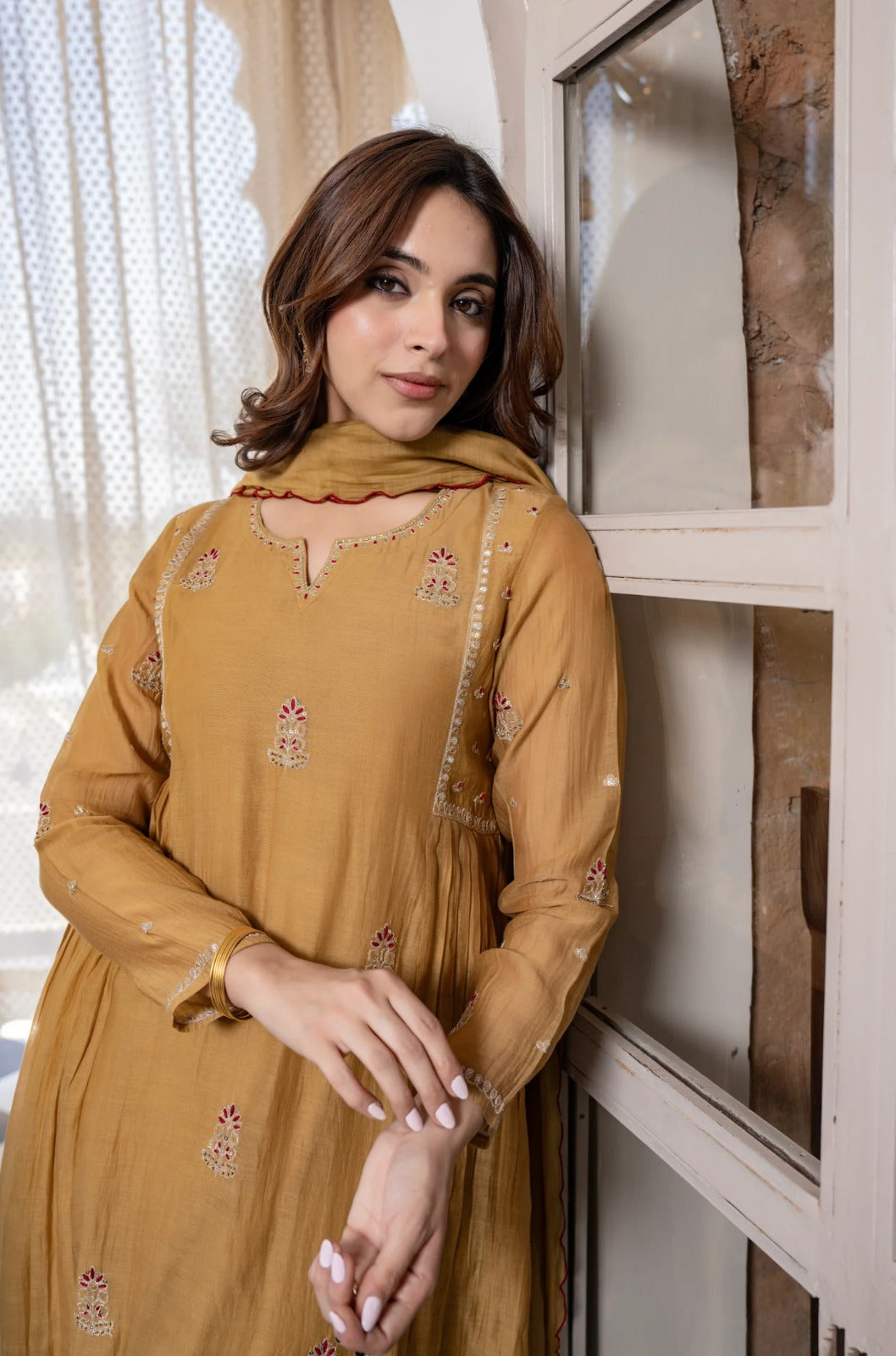 Beige Pankhudi Premium Mul Chanderi Embroidered Anarkali Suit Set