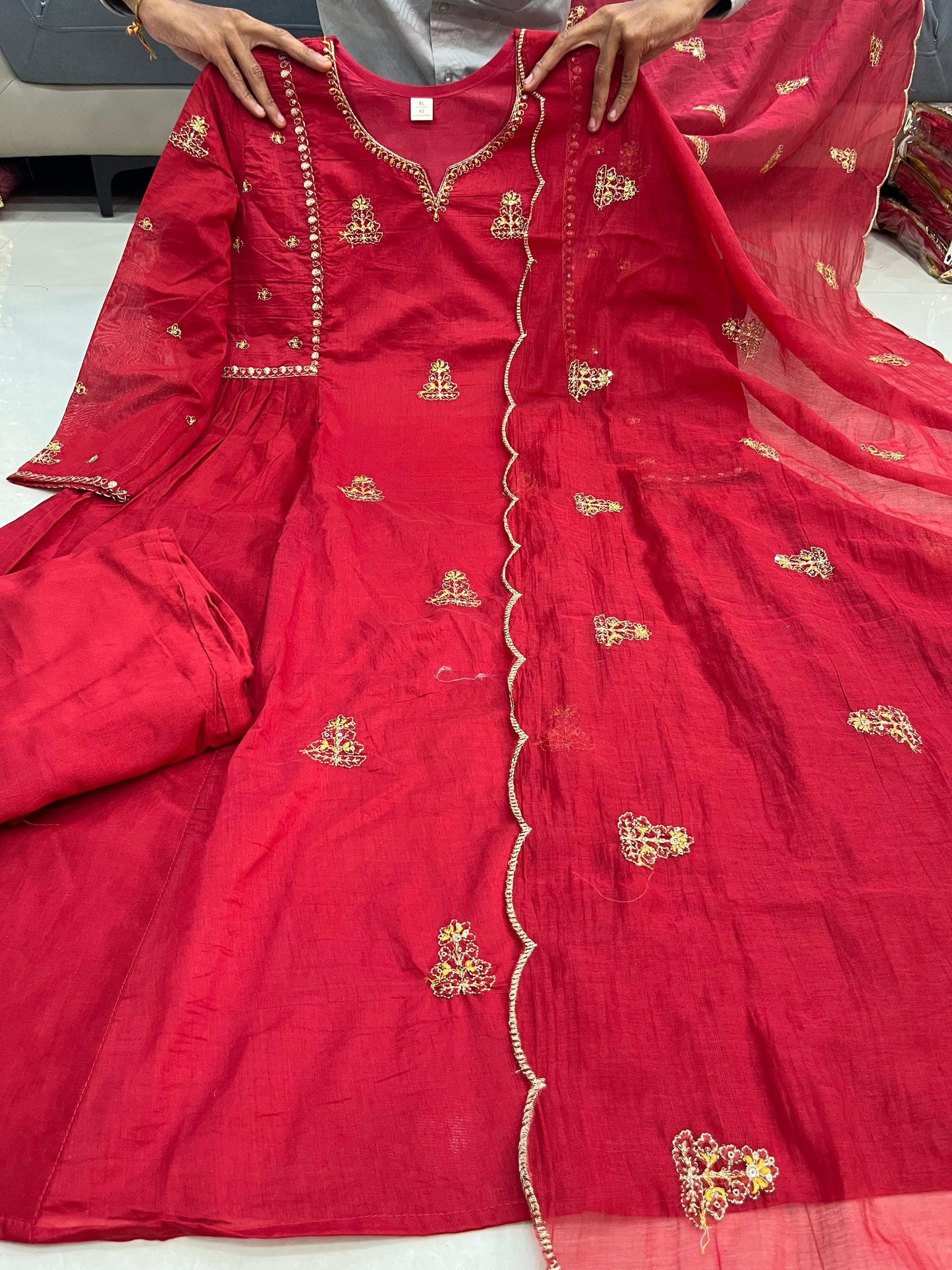 Red Pankhudi Premium Mul Chanderi Embroidered Anarkali Suit Set