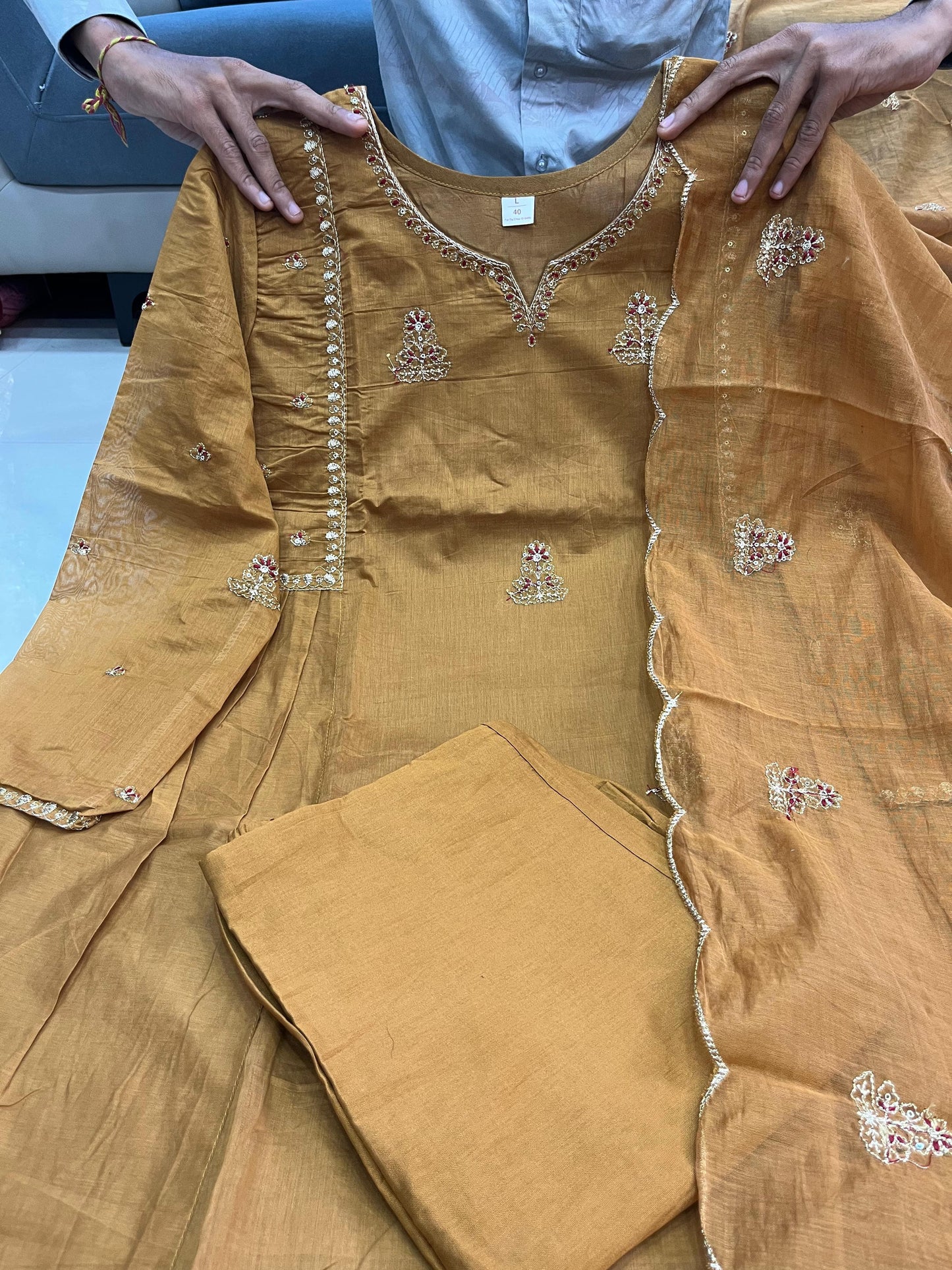 Beige Pankhudi Premium Mul Chanderi Embroidered Anarkali Suit Set