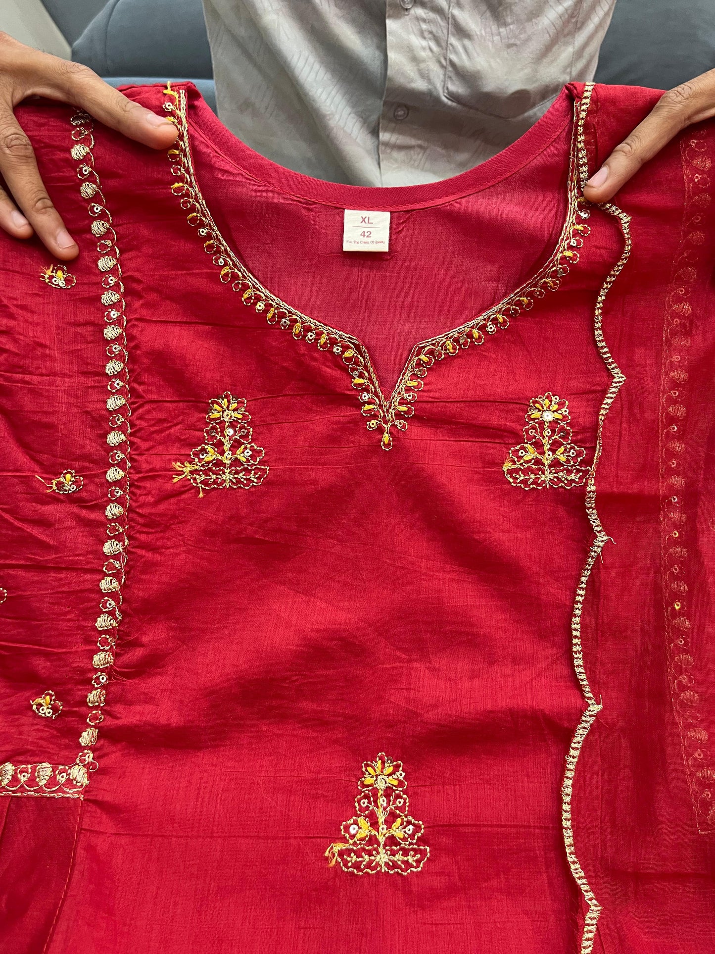 Red Pankhudi Premium Mul Chanderi Embroidered Anarkali Suit Set