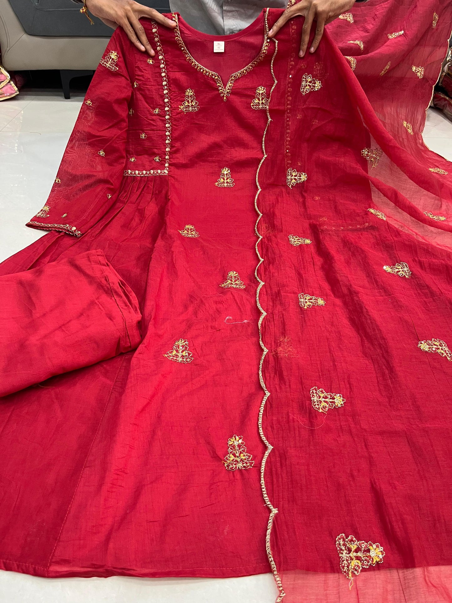 Red Pankhudi Premium Mul Chanderi Embroidered Anarkali Suit Set