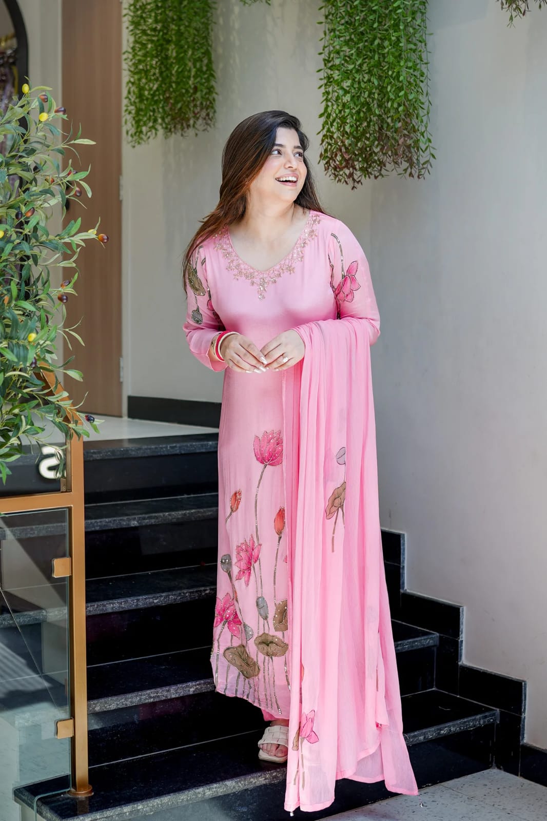Pink Chinon A-Line Kurta Set with Hand Work & Dupatta
