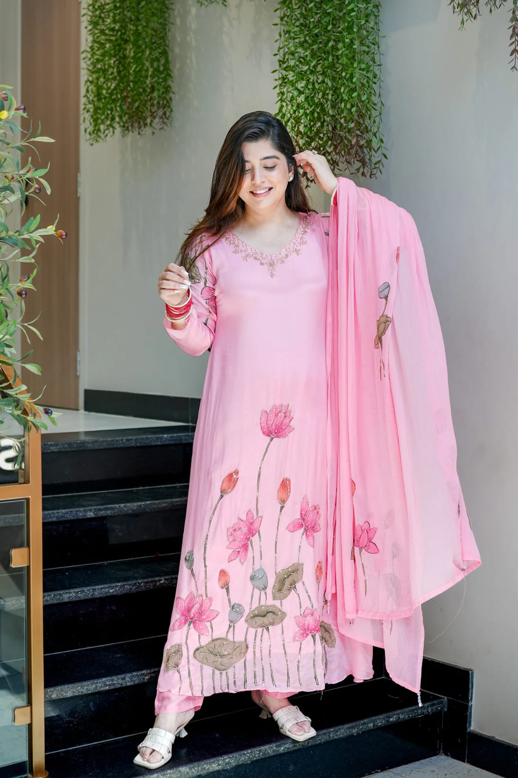Pink Chinon A-Line Kurta Set with Hand Work & Dupatta