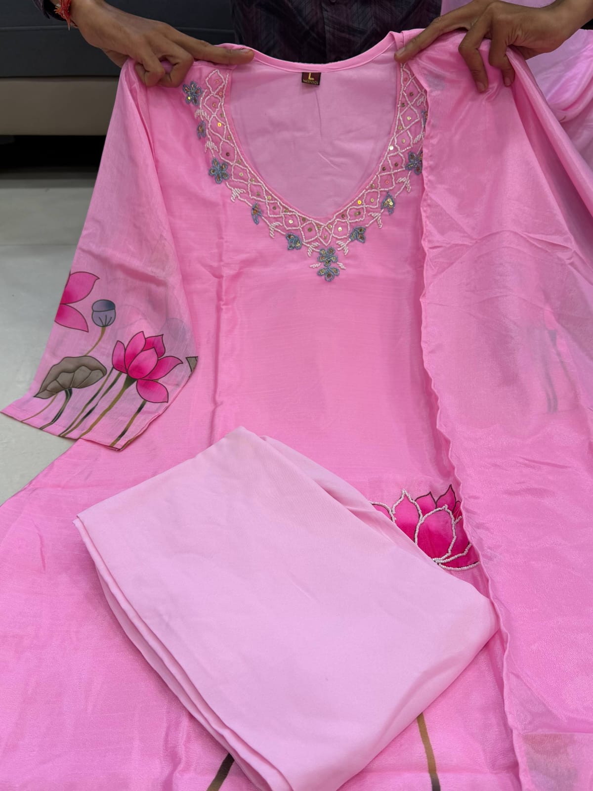Pink Chinon A-Line Kurta Set with Hand Work & Dupatta