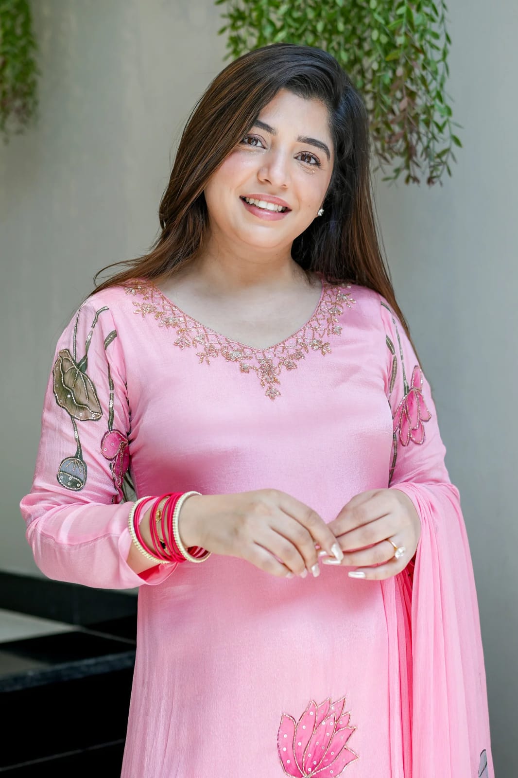 Pink Chinon A-Line Kurta Set with Hand Work & Dupatta