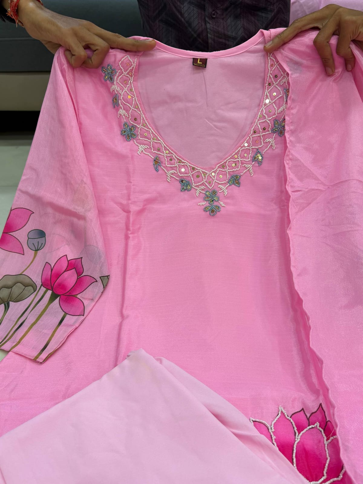 Pink Chinon A-Line Kurta Set with Hand Work & Dupatta