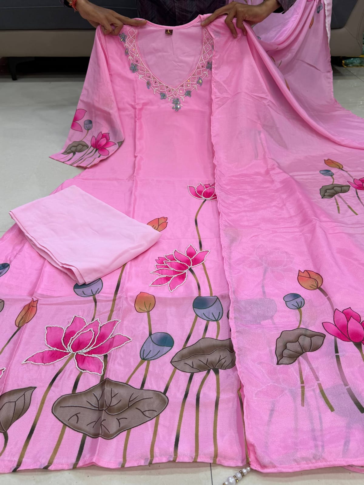 Pink Chinon A-Line Kurta Set with Hand Work & Dupatta