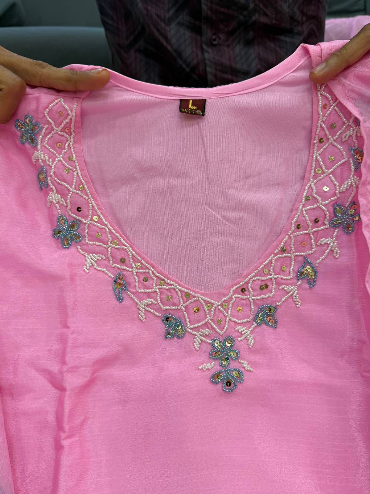 Pink Chinon A-Line Kurta Set with Hand Work & Dupatta