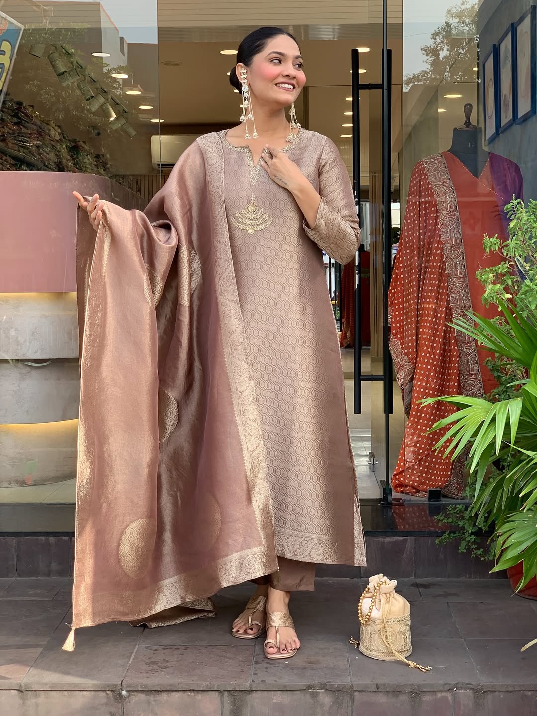 Pure Kanjivaram Glass Tissue Suit Set with Hand Zari Work & Dupatta